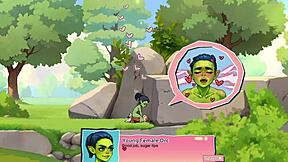 Young female orc face-sits lucky boy in nature game review.