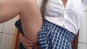 Last Year Student Starts Porn, Masturbates Narrow Vagina in Bathroom, Invites Friend to Dildo Her Juicy Pussy