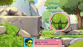 Young female orc face-sits lucky boy in nature game review.