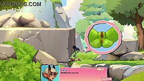 Young female orc face-sits lucky boy in nature game review.