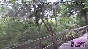 Natural redhead streaks nude through public park