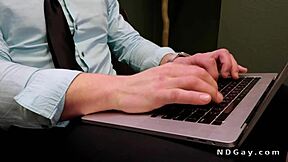 Muscular gay co-workers share passionate rimjob and bareback anal in office