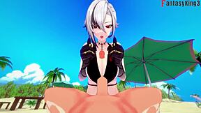 Arlecchino fucks hard in bikini on beach in genshin impact fantasy