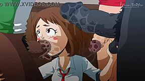 Yo, watch these two teens gag on a gang bang in hentai!