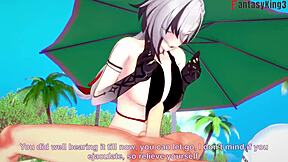 Arlecchino fucks hard in bikini on beach in genshin impact fantasy