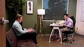 Muscular gay co-workers share passionate rimjob and bareback anal in office