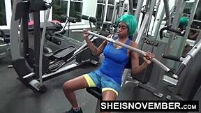 Msnovember cosplays as fit ebony in gym, gets rough public fuck from stranger.