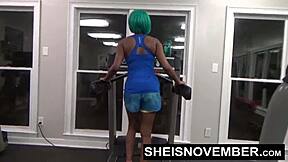 Msnovember cosplays as fit ebony in gym, gets rough public fuck from stranger.