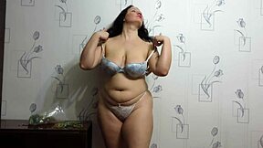 Chubby milf with saggy tits nipple piercings in bondage bdsm rubber bands thong homemade fetish