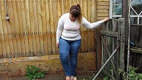 Fat milf's outdoor pissing fetish in jeans or bare skin