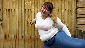 Fat milf's outdoor pissing fetish in jeans or bare skin