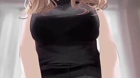 Anime girl rides cock in black dress and gets cum covered