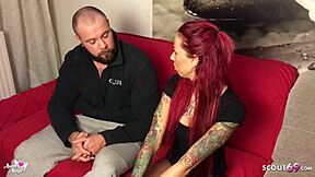 Redhaired German teen 18+ bent over in doggystyle roleplay, fucking strangers for cash and cum