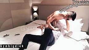 Handsome gay Asian couple enjoys amateur bareback anal fucking at home