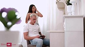 Exotic brunette teen tempts boyfriend into spontaneous lovemaking session.