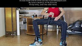 Young gay boy jerks off in jeans.