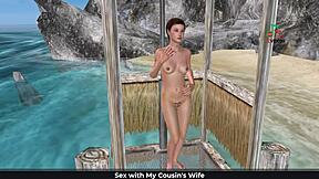 Cute girl in 3D cartoon poses on beach and showers