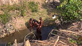 two strangers taking turns to fuck the teen village girl in the river