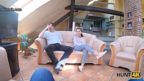 Hunt4k chick with shaved pussy rides cock while hubby watches in shock