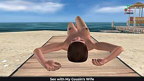 Cute girl in 3D cartoon poses on beach and showers