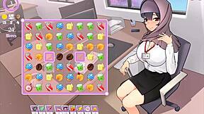 Hey, in this tsundere milf hentai game, my boss teases with massive tits out of cleavage!