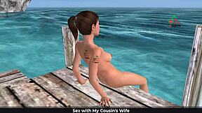 Cute girl in 3D cartoon poses on beach and showers