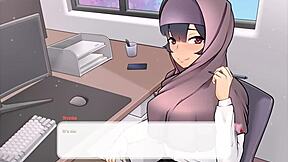 Hey, in this tsundere milf hentai game, my boss teases with massive tits out of cleavage!
