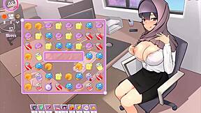 Hey, in this tsundere milf hentai game, my boss teases with massive tits out of cleavage!