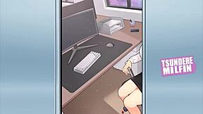 Hey, in this tsundere milf hentai game, my boss teases with massive tits out of cleavage!