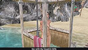 Cute girl in 3D cartoon poses on beach and showers