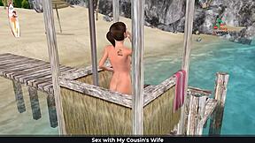 Cute girl in 3D cartoon poses on beach and showers