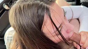 Petite girl next door with braces gives a sloppy blowjob in a car for a college ride.