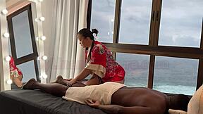 asian masseuse relaxes endowed black guy, he cums in latina lina nakamura's pussy
