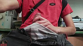 Skinny Guy Masturbates Huge Cock at Work Desk Risking Boss Discovery