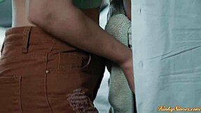 Petite babe licks lingerie during handjob teasing