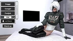 In the bedroom, the android 2B enjoys sexy time with huge cock