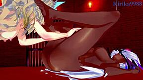 amari aquamarine kos-mos and t-elos engage in playful cartoon interactions from super robot wars x and xenosaga