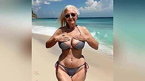 Granny’s got a sexy new bikini, showing off with dirty talk, man, watch this horny gilf strip nude at the end, oops!