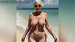 Granny’s got a sexy new bikini, showing off with dirty talk, man, watch this horny gilf strip nude at the end, oops!