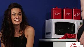 Cute babe spreads legs in kitchen to help jerking guy with humiliation and voyeur instructions