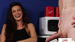 Cute babe spreads legs in kitchen to help jerking guy with humiliation and voyeur instructions