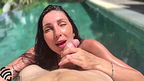 hot milf fucked by the pool and gets sperm on face