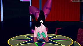 Morrigan Dances Boldly On Desk In Sheer Halloween Costume For Fantasy King.