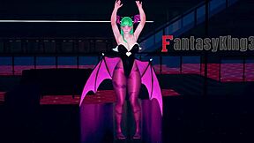 Morrigan Dances Boldly On Desk In Sheer Halloween Costume For Fantasy King.