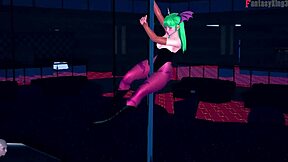 Morrigan Dances Boldly On Desk In Sheer Halloween Costume For Fantasy King.