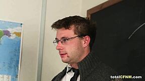 Intense teens stroke teacher's cock in threesome