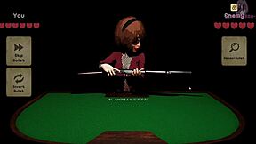 Teen 18+ hraje X ruletu 3, leží na stole na stříkání spermatu s velkými prsy v 3D anime hře