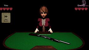 Teen 18+ plays x roulette 3, lying on the table for squirting cumshot with big tits in 3d anime game