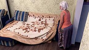 the mom cleans the sofa and enjoys anal sex