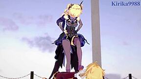 amber and fischl with amy and aether in wild genshin impact hentai.